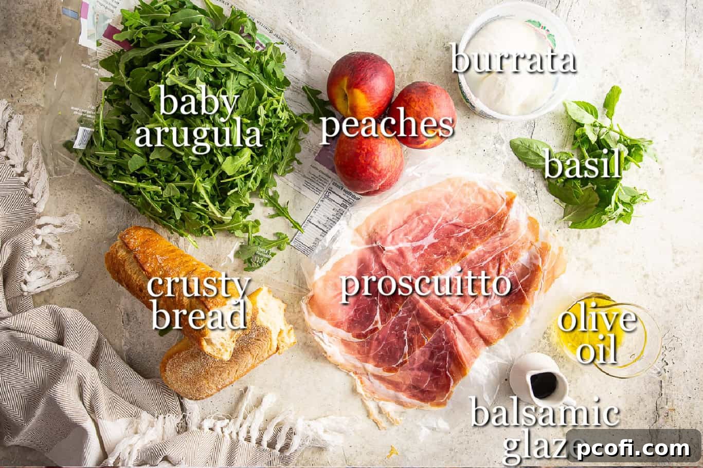 Ingredients for making peach salad, with text labels for arugula, bread, peaches, prosciutto, burrata, basil, olive oil, and balsamic glaze.