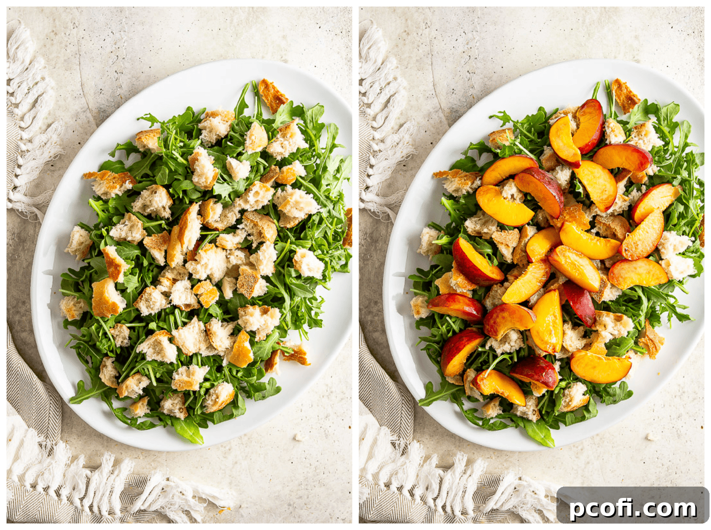 Image collage showing baby arugula layered with croutons and fresh peaches as the first steps for building the salad.