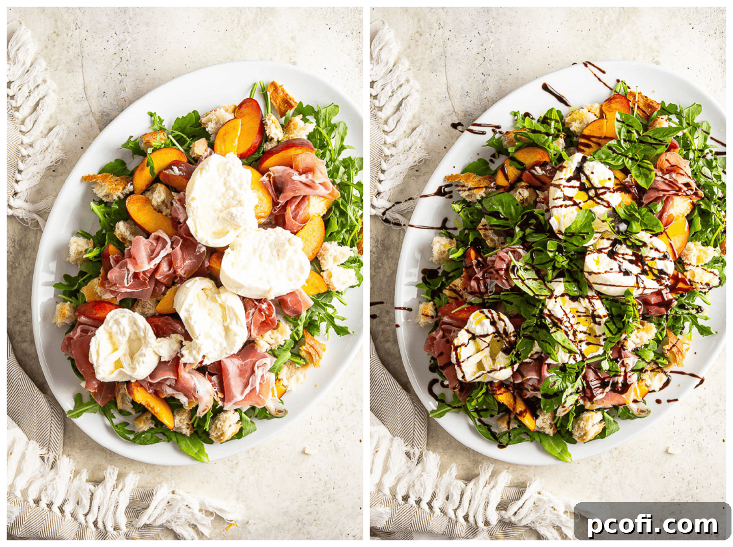 Adding prosciutto, burrata, and balsamic to a peach caprese salad, showing the finishing touches being applied.