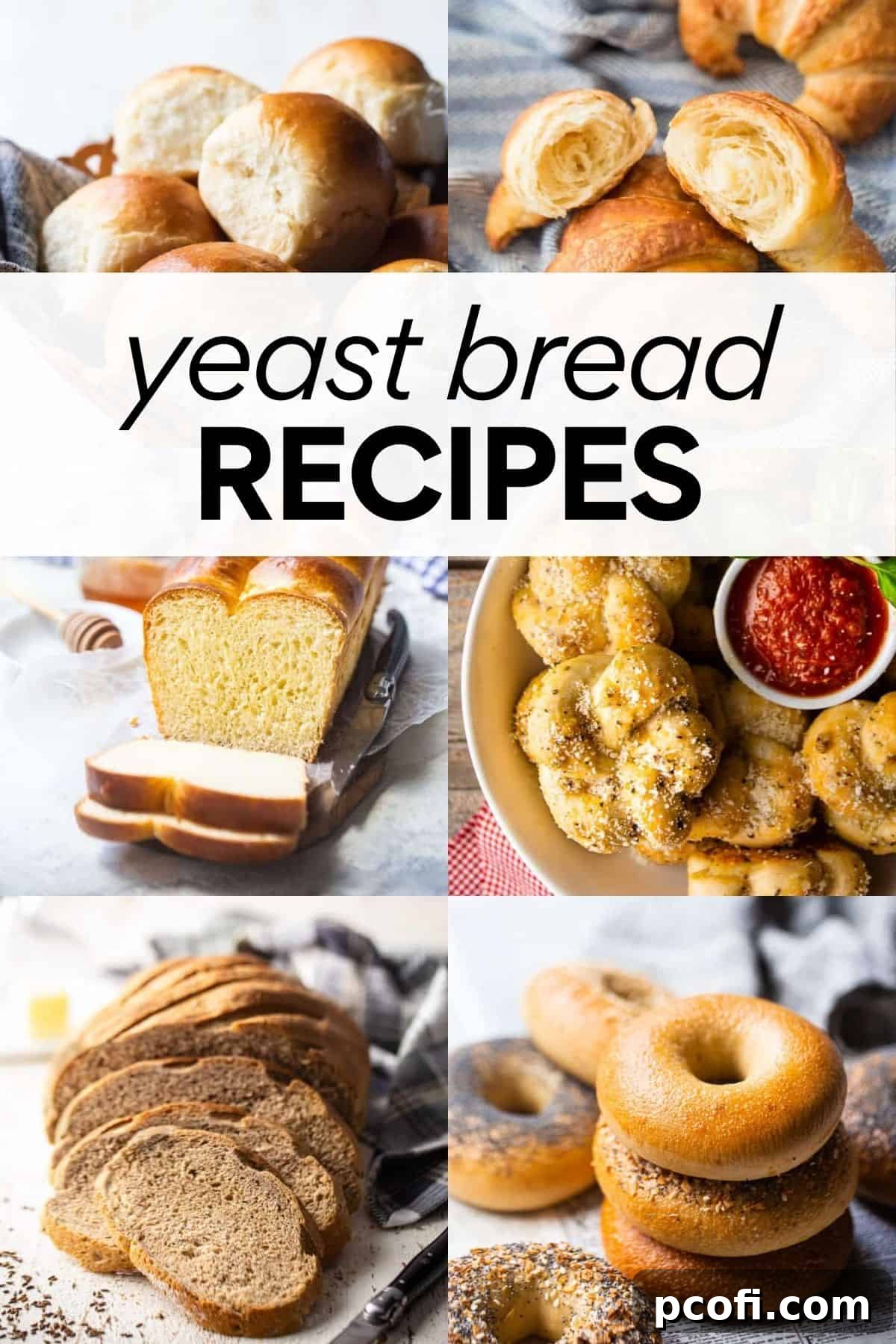A vibrant collage featuring various yeast bread recipes, including rustic loaves, braided breads, and individual rolls, with an inviting overlay text.