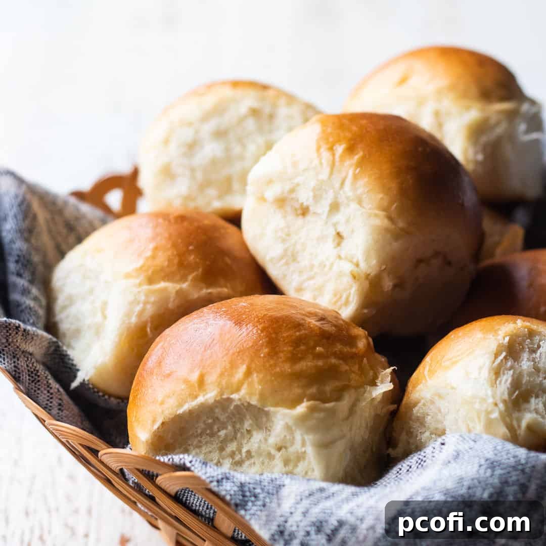 A close-up image of a basket filled with freshly baked soft dinner rolls, inviting you to enjoy their comforting warmth.