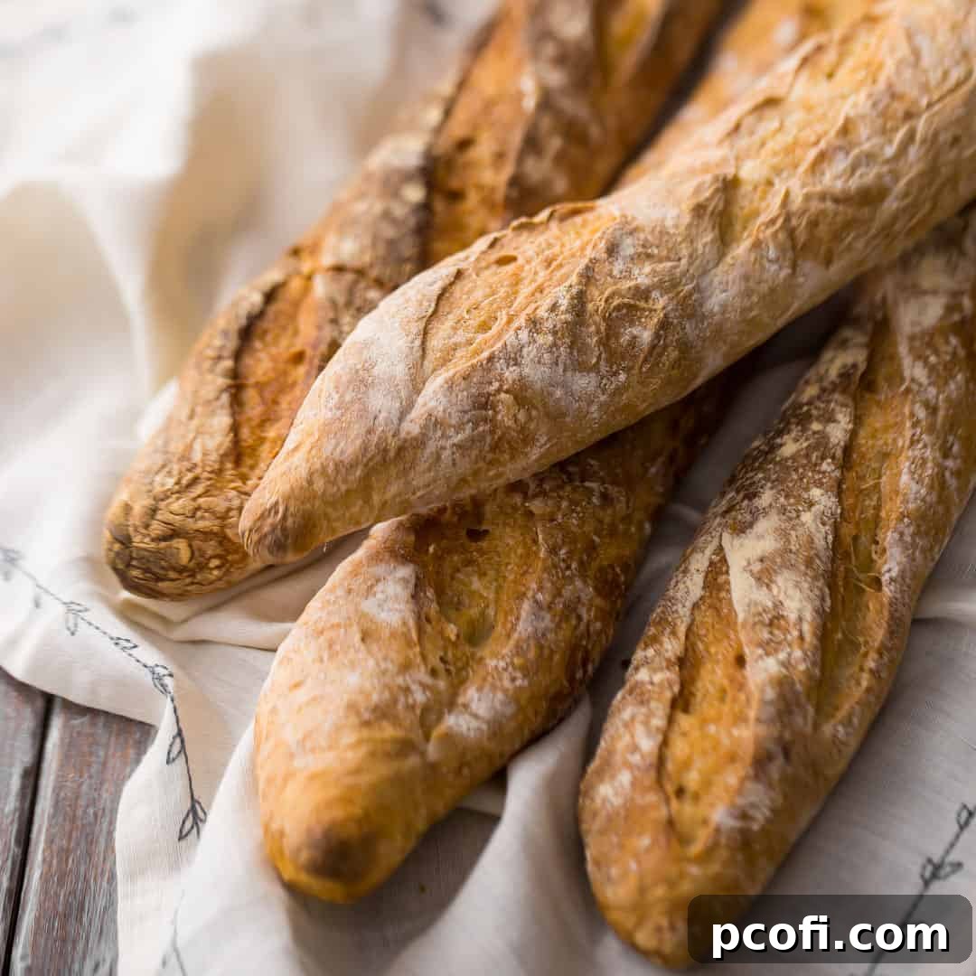 A perfectly baked, golden-brown crusty French baguette, inviting you to enjoy its authentic texture.