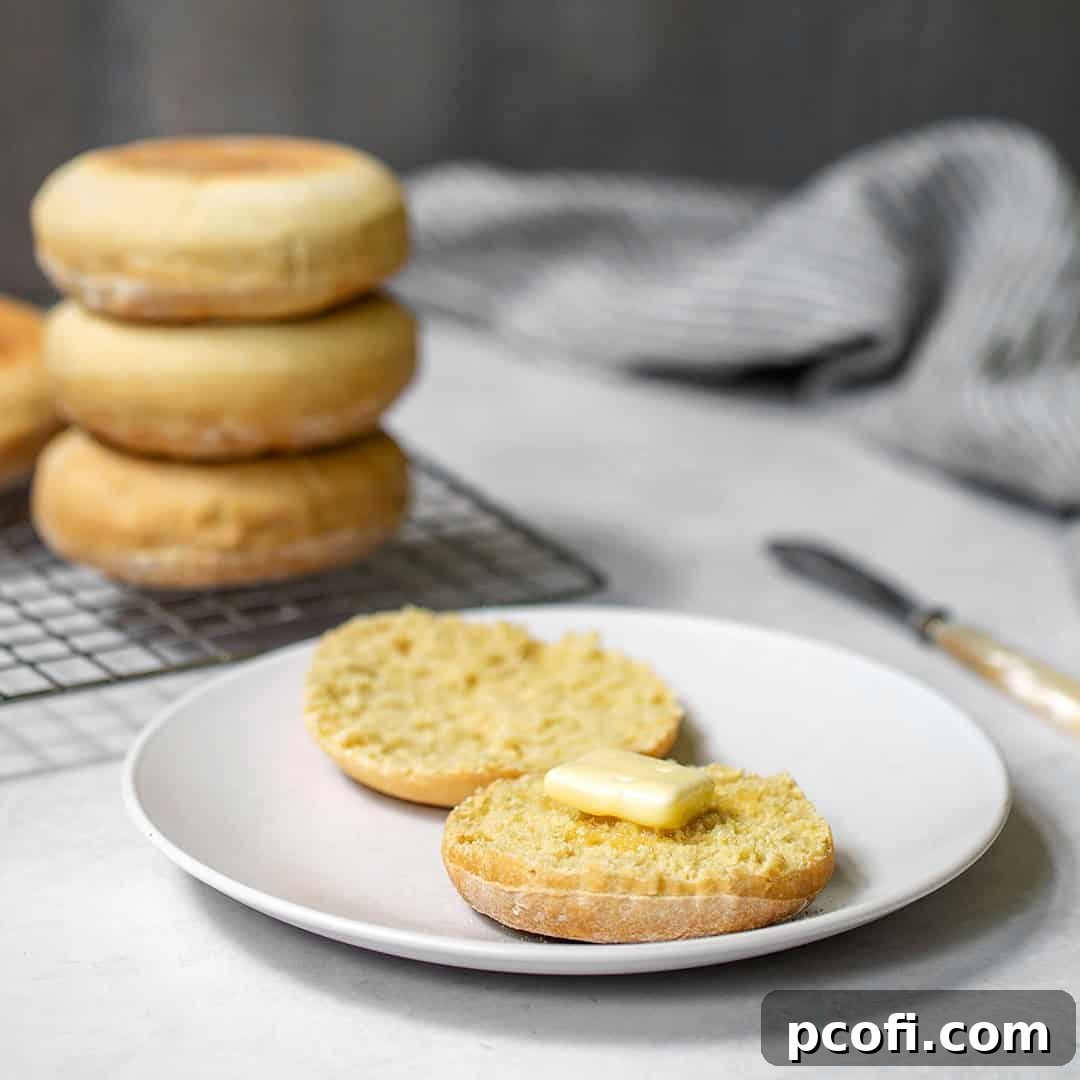 Fluffy English muffins arranged on a plate with melted butter, inviting you to enjoy a delicious breakfast.