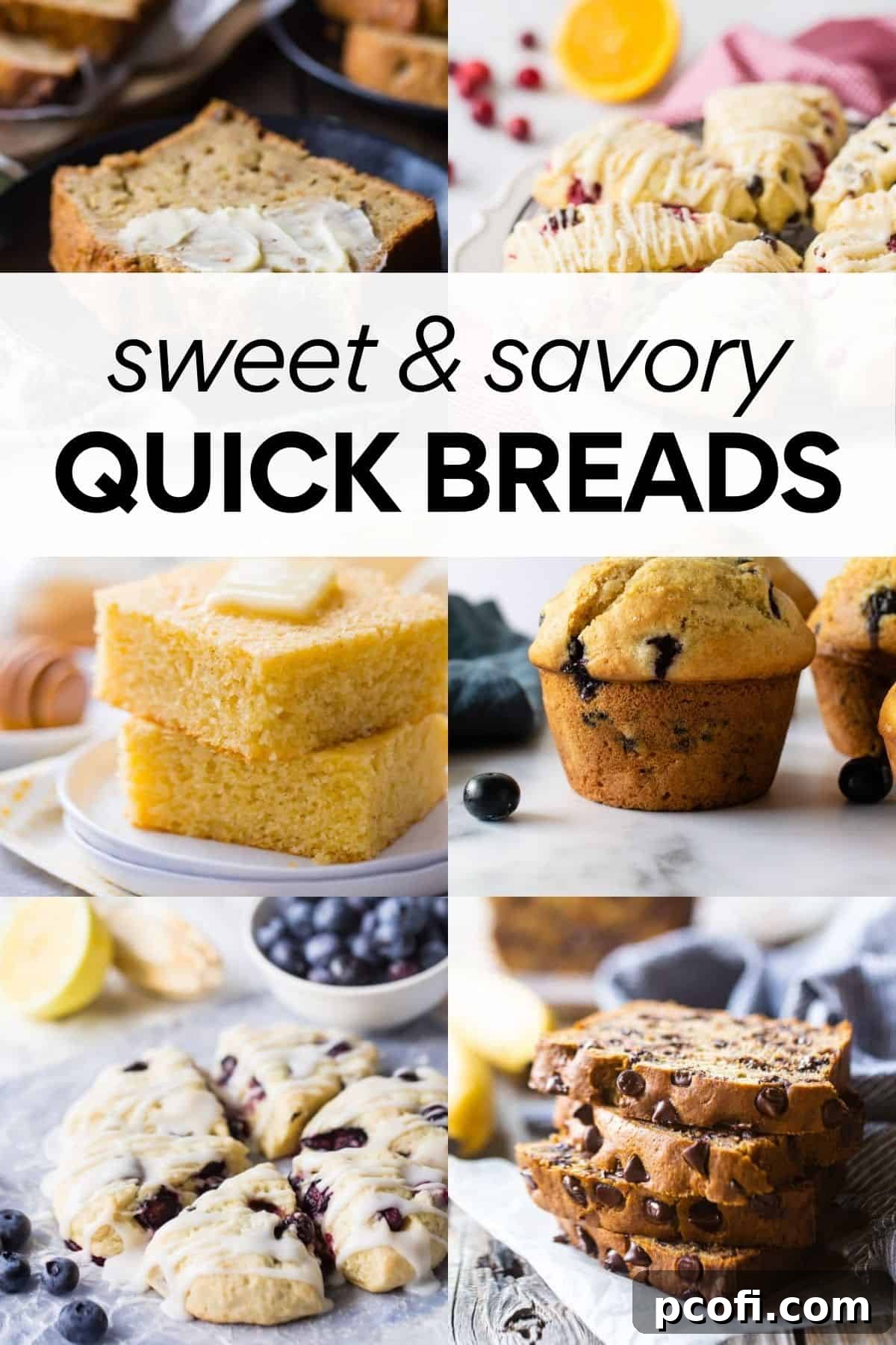 Collage of various quick breads, including muffins, loaves, and biscuits, with overlay text "Sweet & Savory Quick Breads".