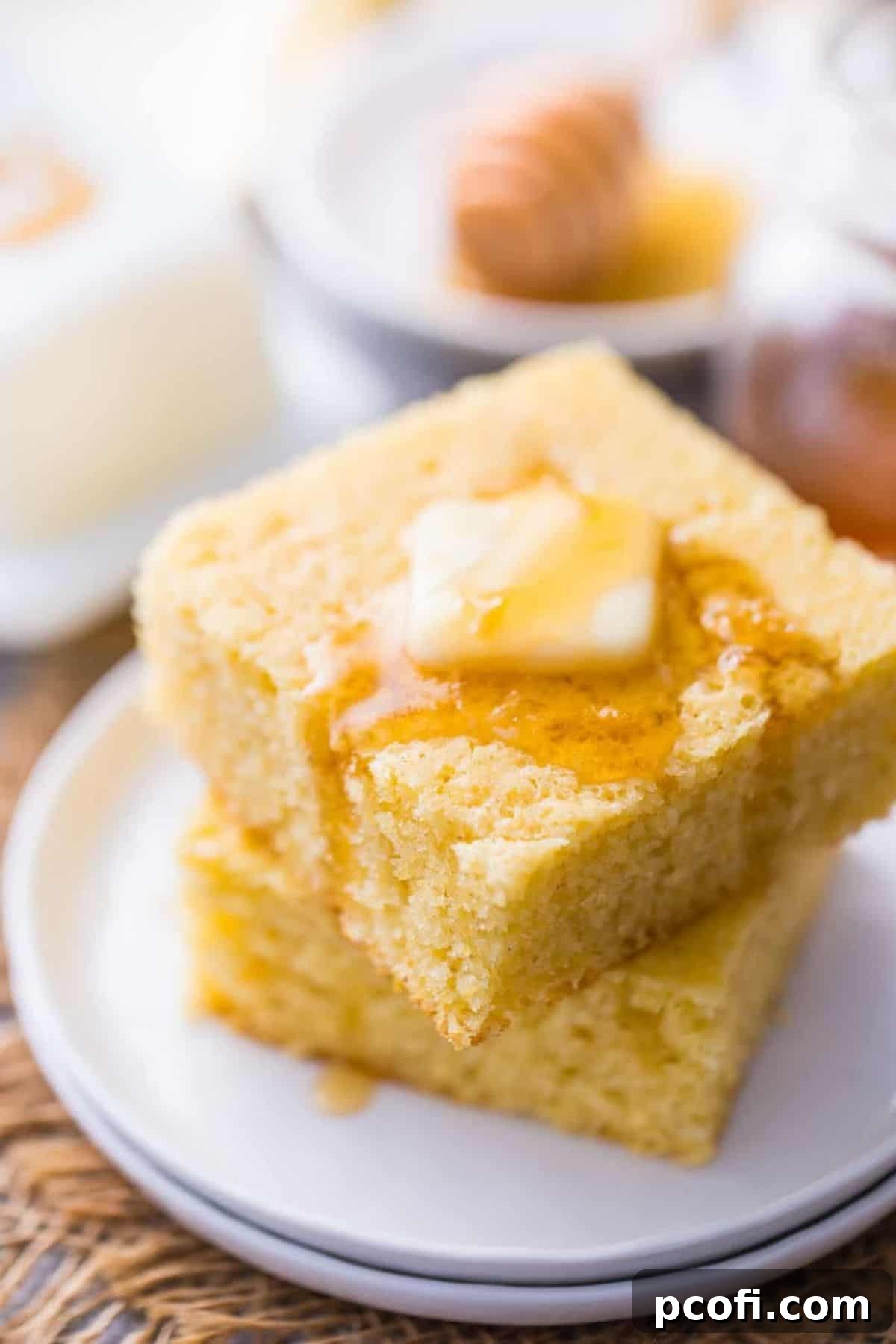 Stacked pieces of cornbread topped with butter and honey on white plates.