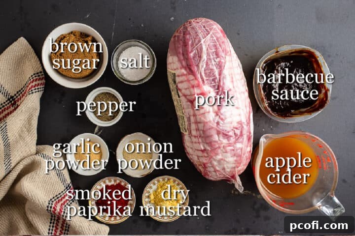 Ingredients for making pulled pork, with text labels.