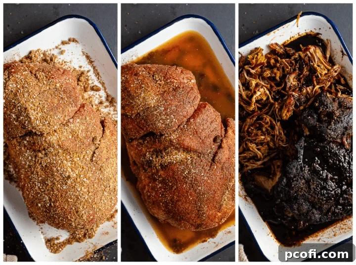 Image collage showing a pork roast being dry rubbed, cured, and slow-cooked.