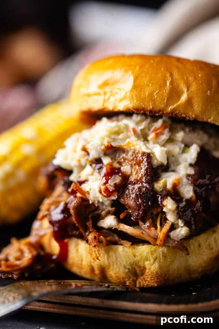 Close-up image of a barbecued pulled pork sandwich on a bun with corn in the background.