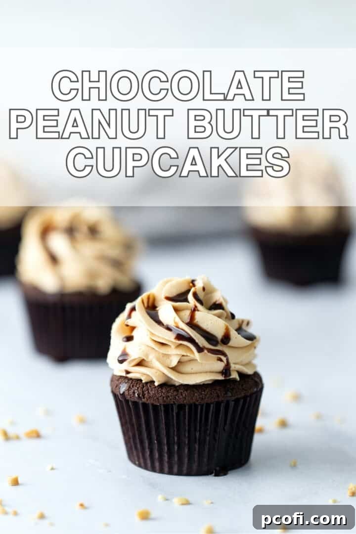 Close-up view of frosted chocolate peanut butter cupcakes with text overlay showcasing their decadent flavor