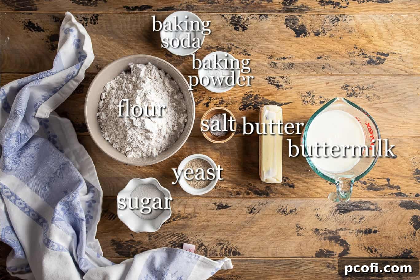 Ingredients for making angel biscuits, with text labels.