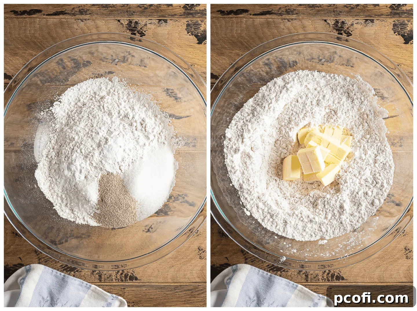 Collage showing how to combine dry ingredients and add butter.
