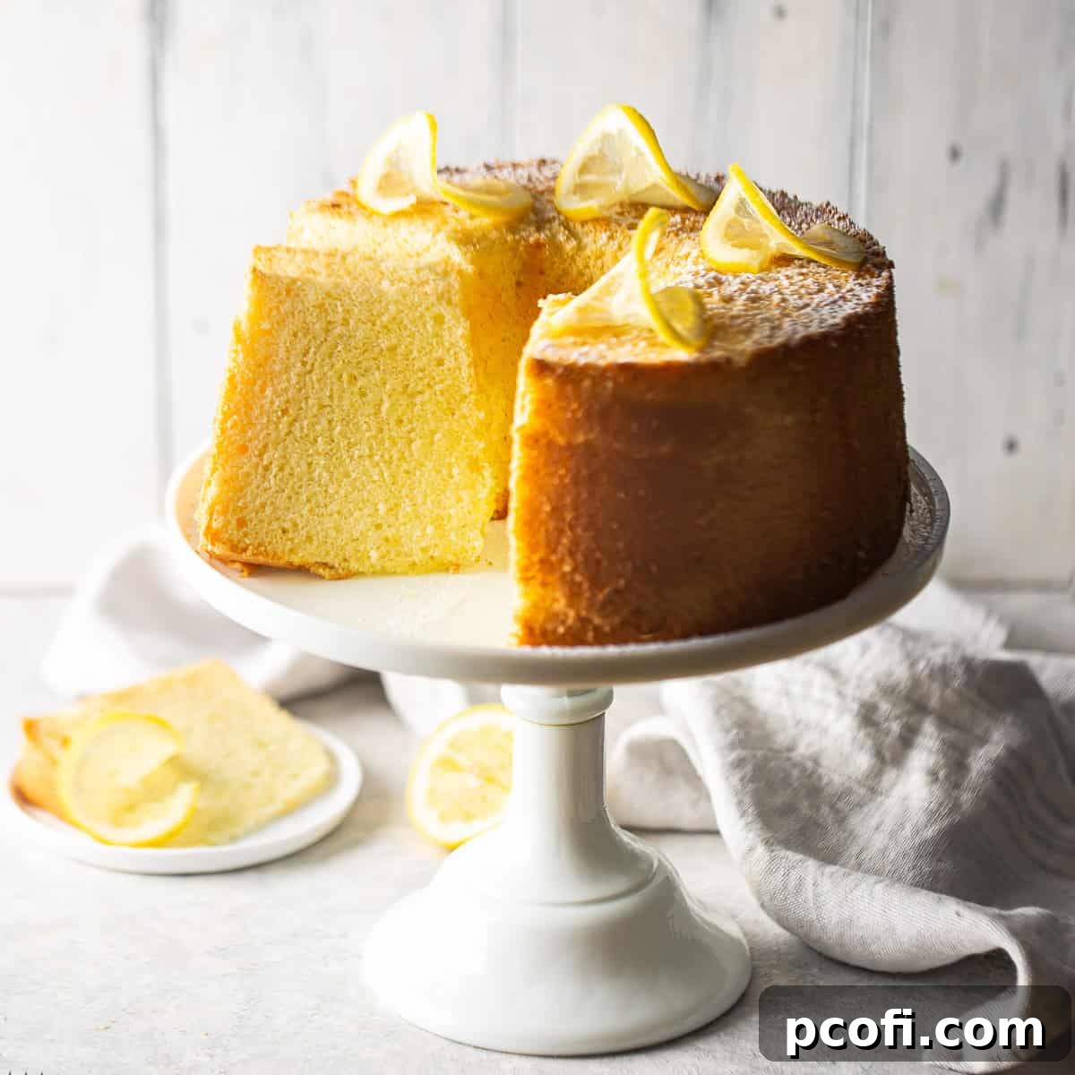 A beautifully presented lemon chiffon cake on a decorative white pedestal, showcasing its golden hue and light texture.