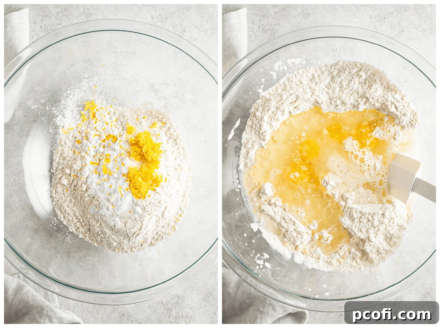 A visual collage illustrating the careful combination of dry ingredients and then the incorporation of liquid ingredients into the lemon chiffon cake batter.