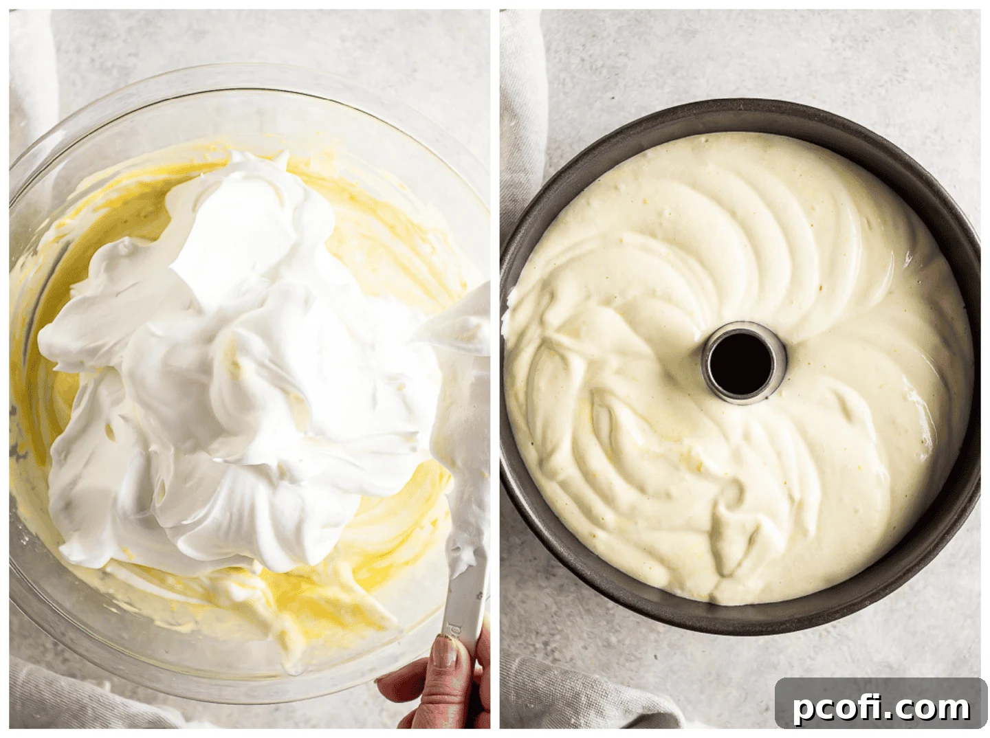 A sequence of images showing the gentle folding of meringue into lemon chiffon cake batter, followed by transferring the airy mixture into a tube pan.