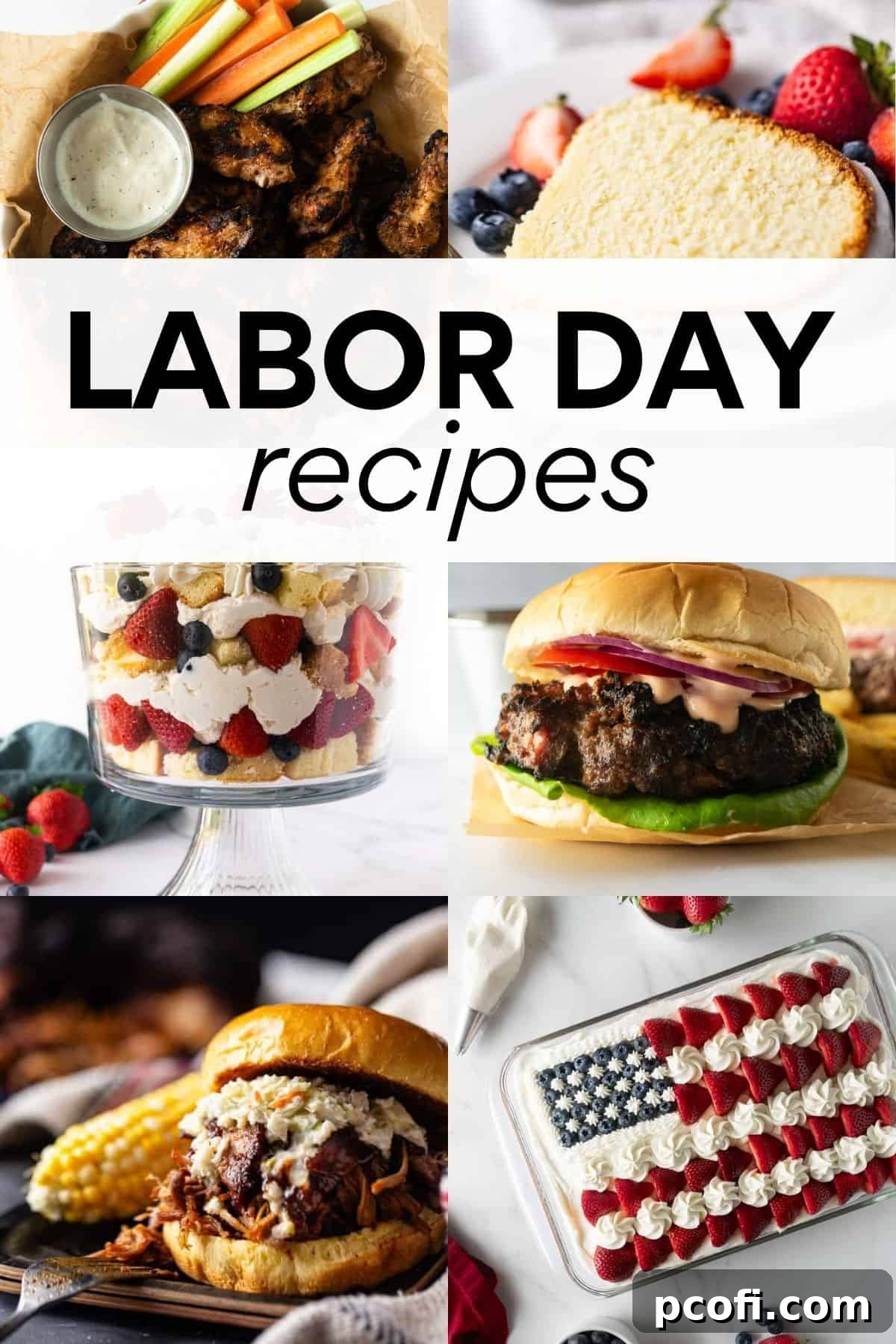 A vibrant collage showcasing a variety of Labor Day BBQ recipes, featuring savory grilled meats, colorful salads, and festive desserts, with overlay text "Labor Day Recipes".