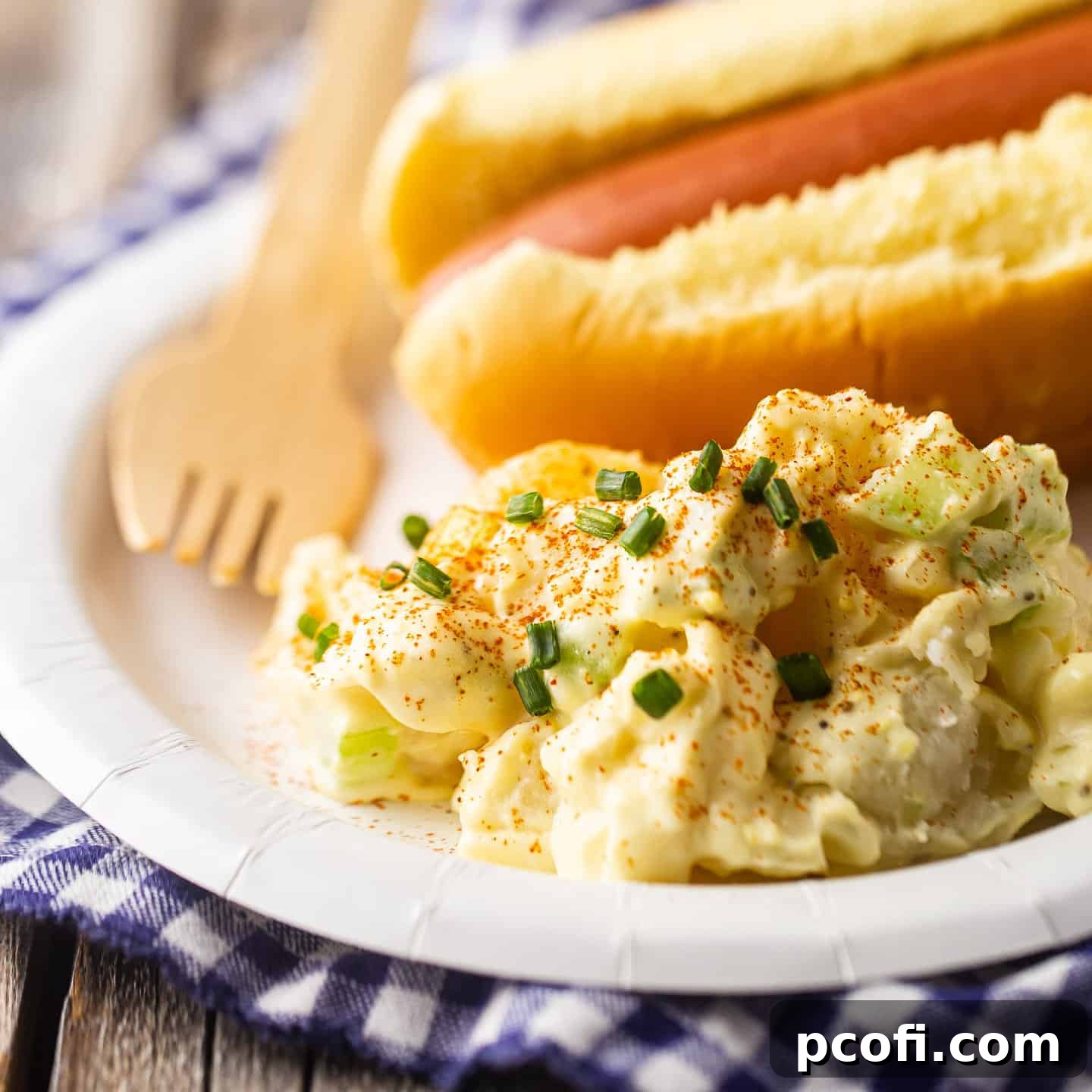A scoop of classic potato salad on a paper plate, with a grilled hot dog blurred in the background.