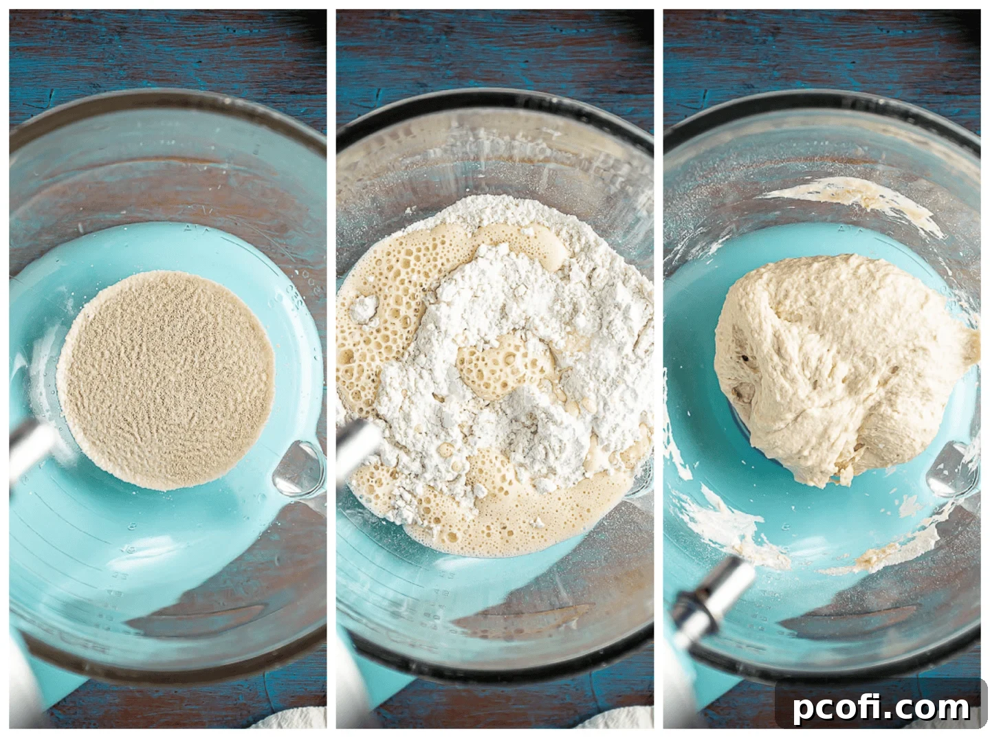 A visual collage illustrating the initial stages of preparing soft pretzel dough, from dissolving yeast to forming the dough ball.