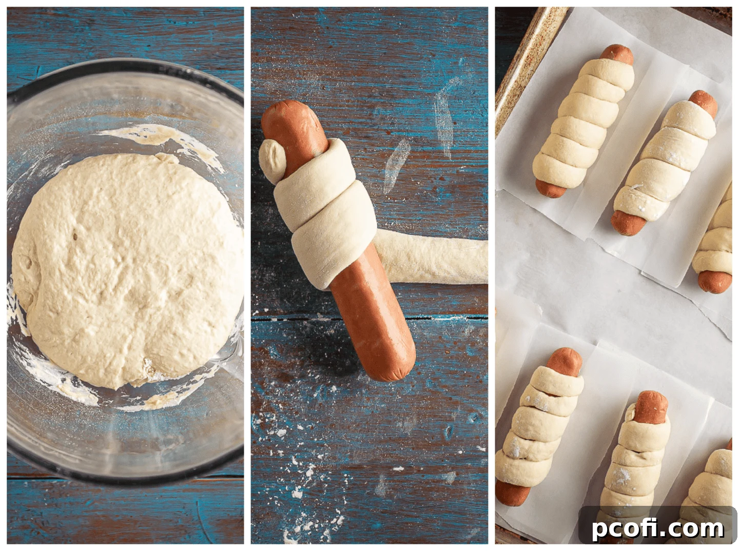 An illustrative collage demonstrating the process of wrapping hot dogs in soft pretzel dough using a spiral technique.