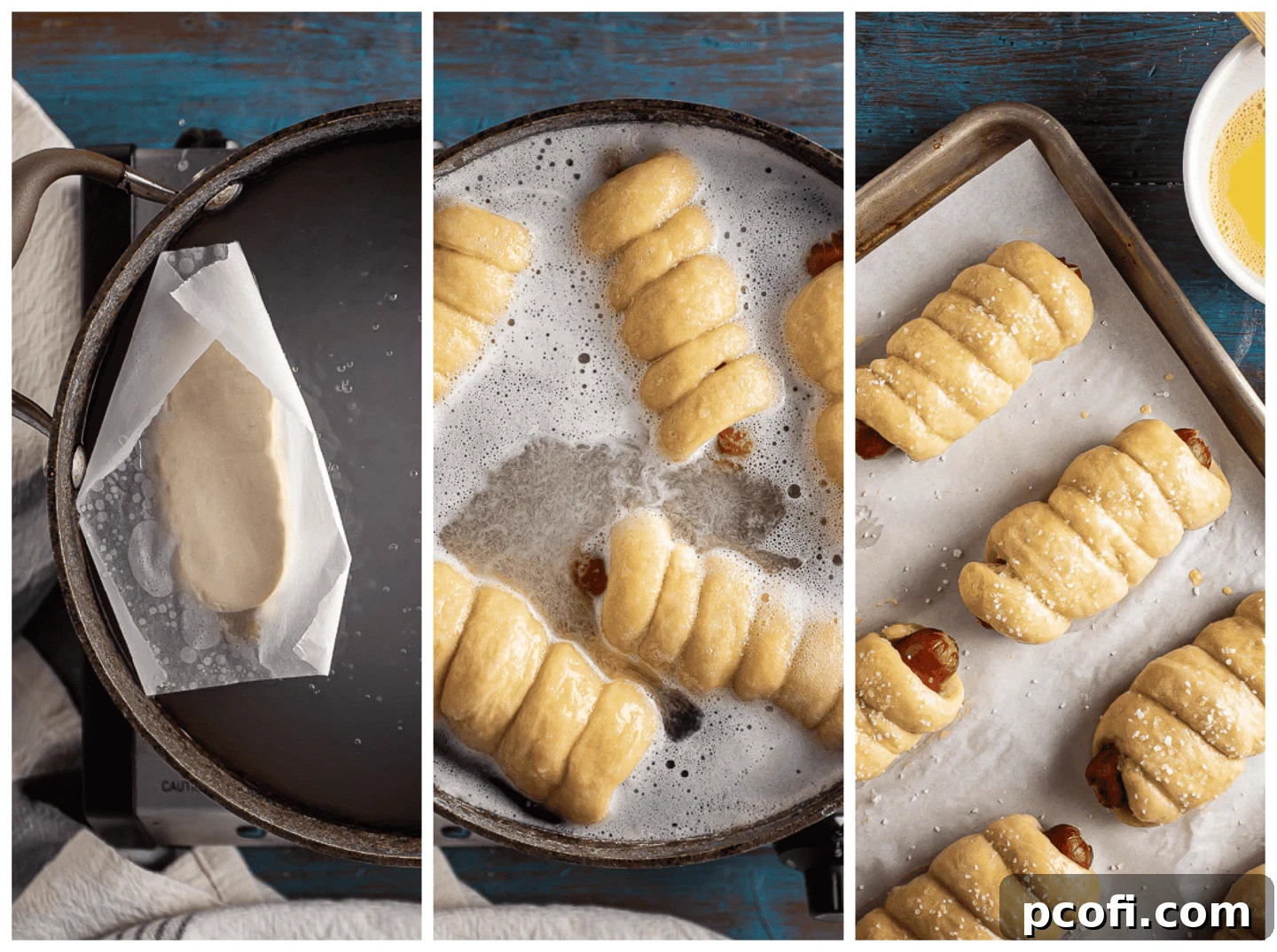 A visual guide showing the steps for boiling homemade pretzel dogs and preparing them for the oven.