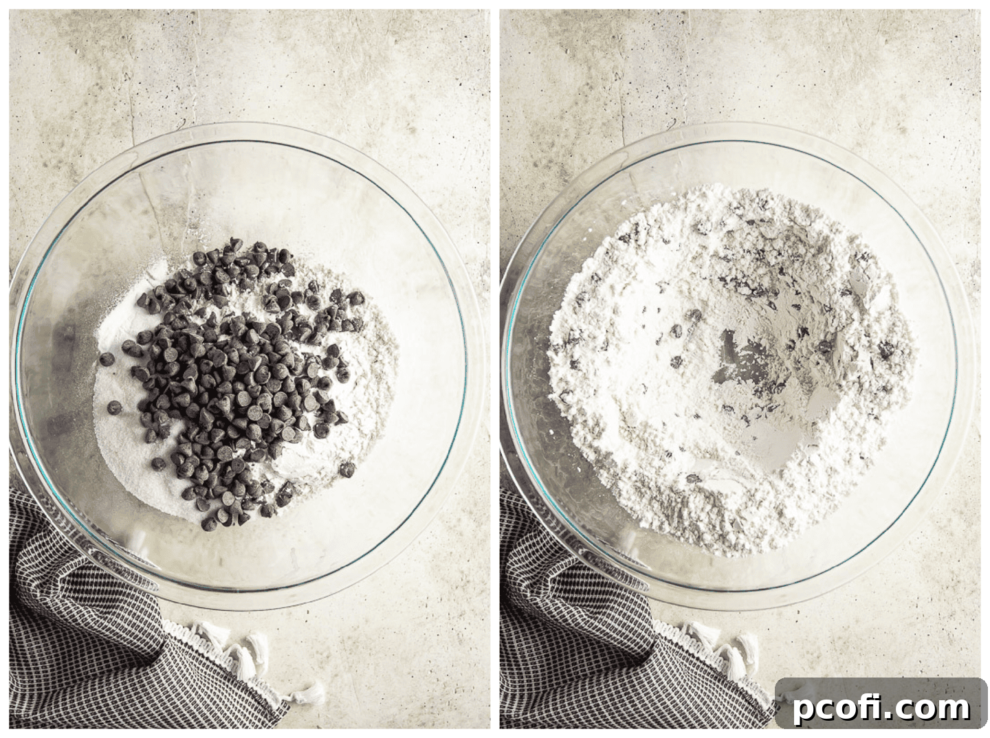 Dry ingredients, including flour, sugar, baking soda, salt, and chocolate chips, being combined in a large glass bowl.