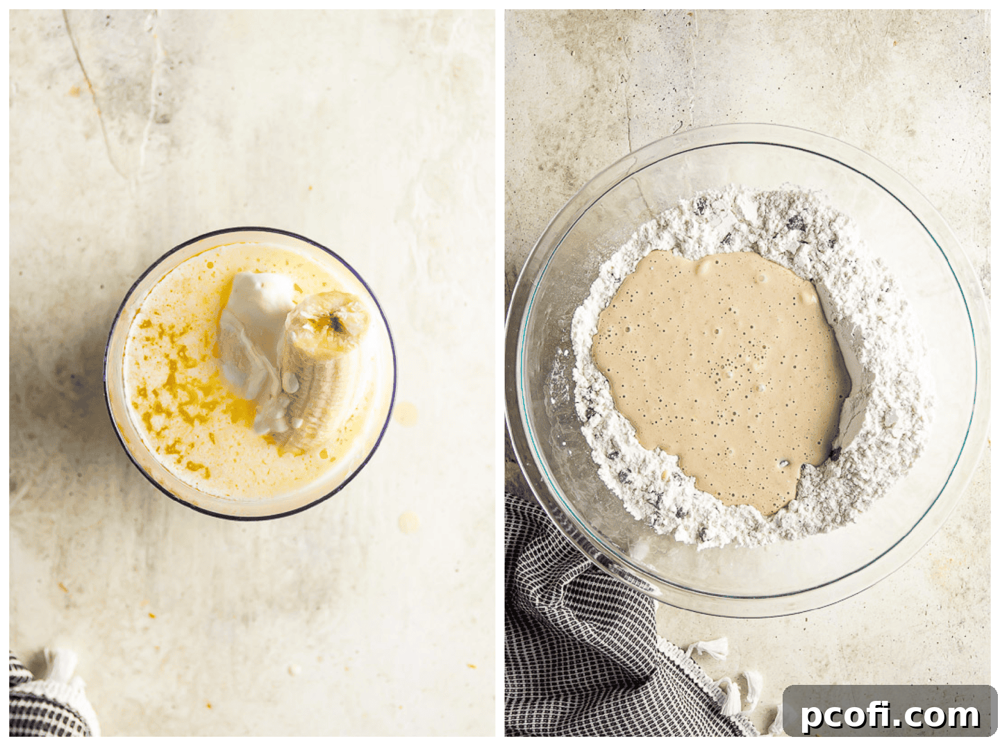 Liquid ingredients (banana puree, melted butter, eggs, yogurt, vanilla) being combined and then added to the well of dry ingredients.