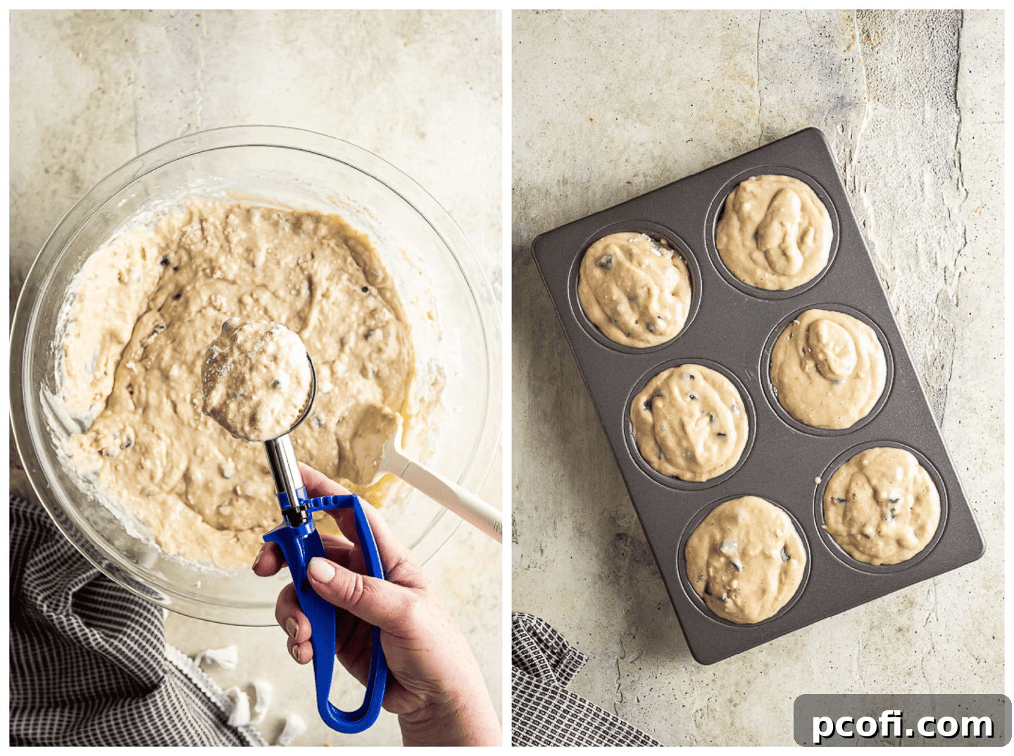 Muffin batter being portioned into a muffin pan using a trigger scoop, filling each well generously.