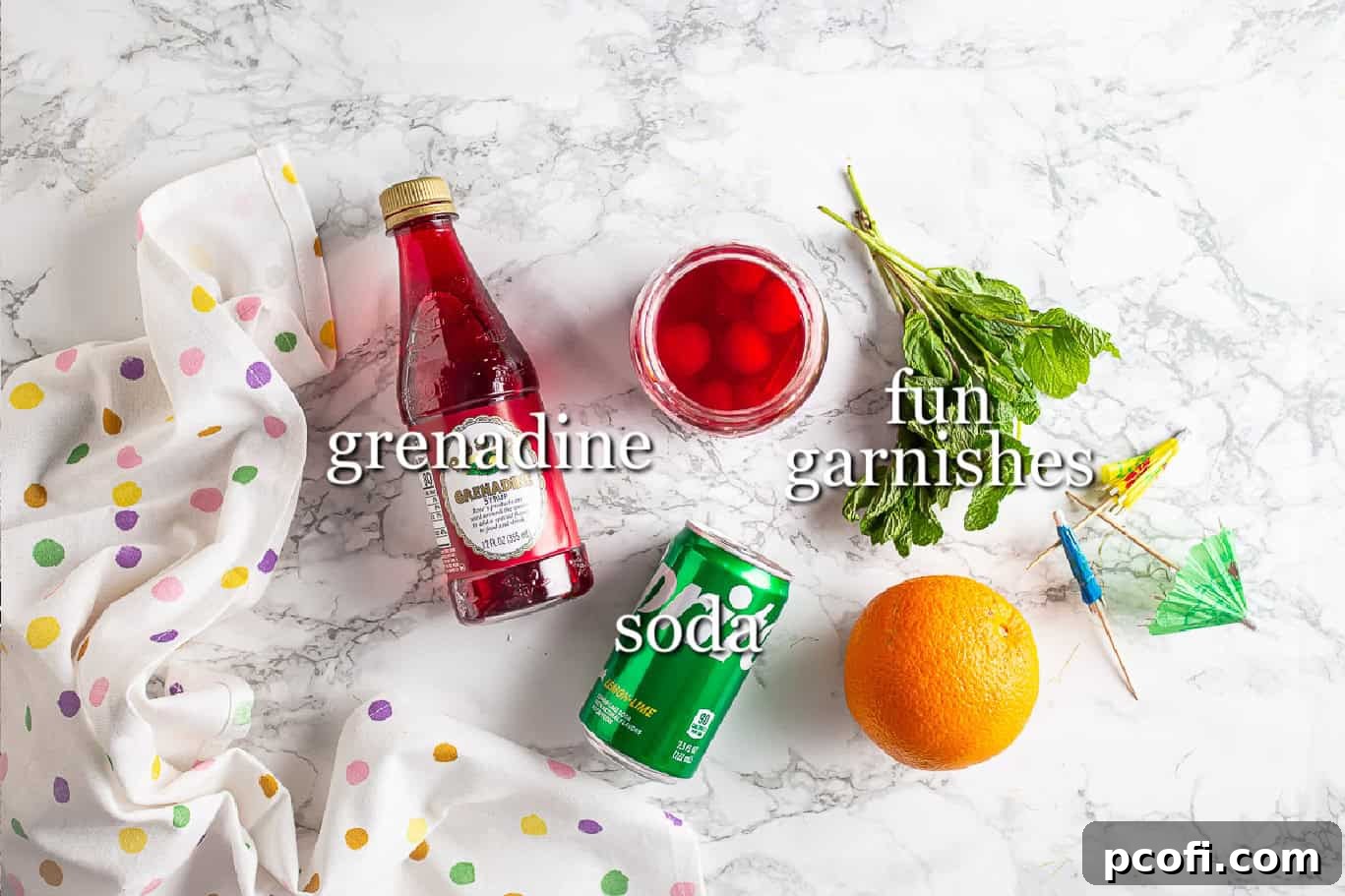 A beautifully arranged image showcasing the key ingredients for crafting a perfect Shirley Temple drink, complete with clear text labels for easy identification.