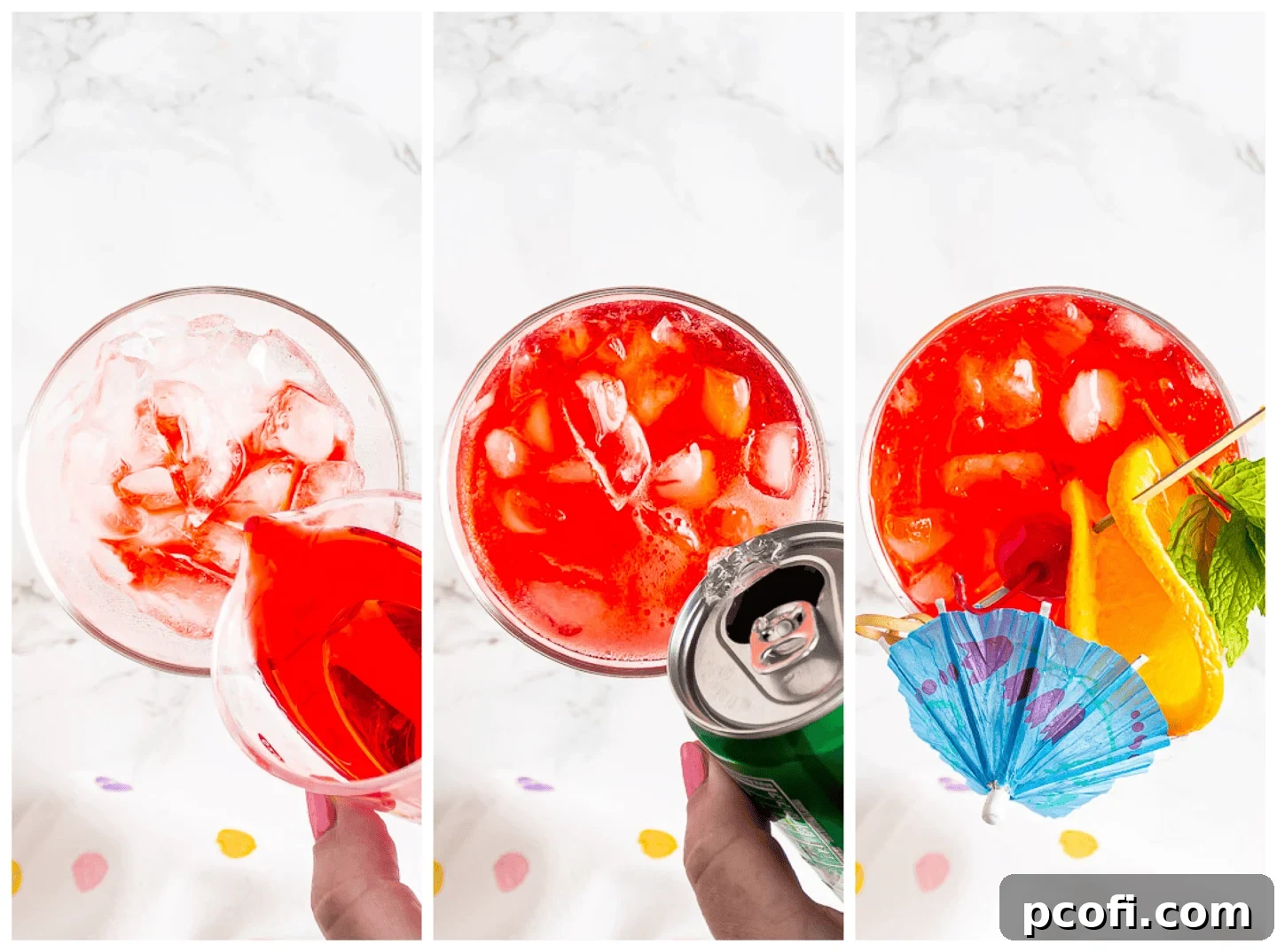 An image collage demonstrating the straightforward steps involved in crafting a classic Shirley Temple drink, from pouring grenadine to adding soda.