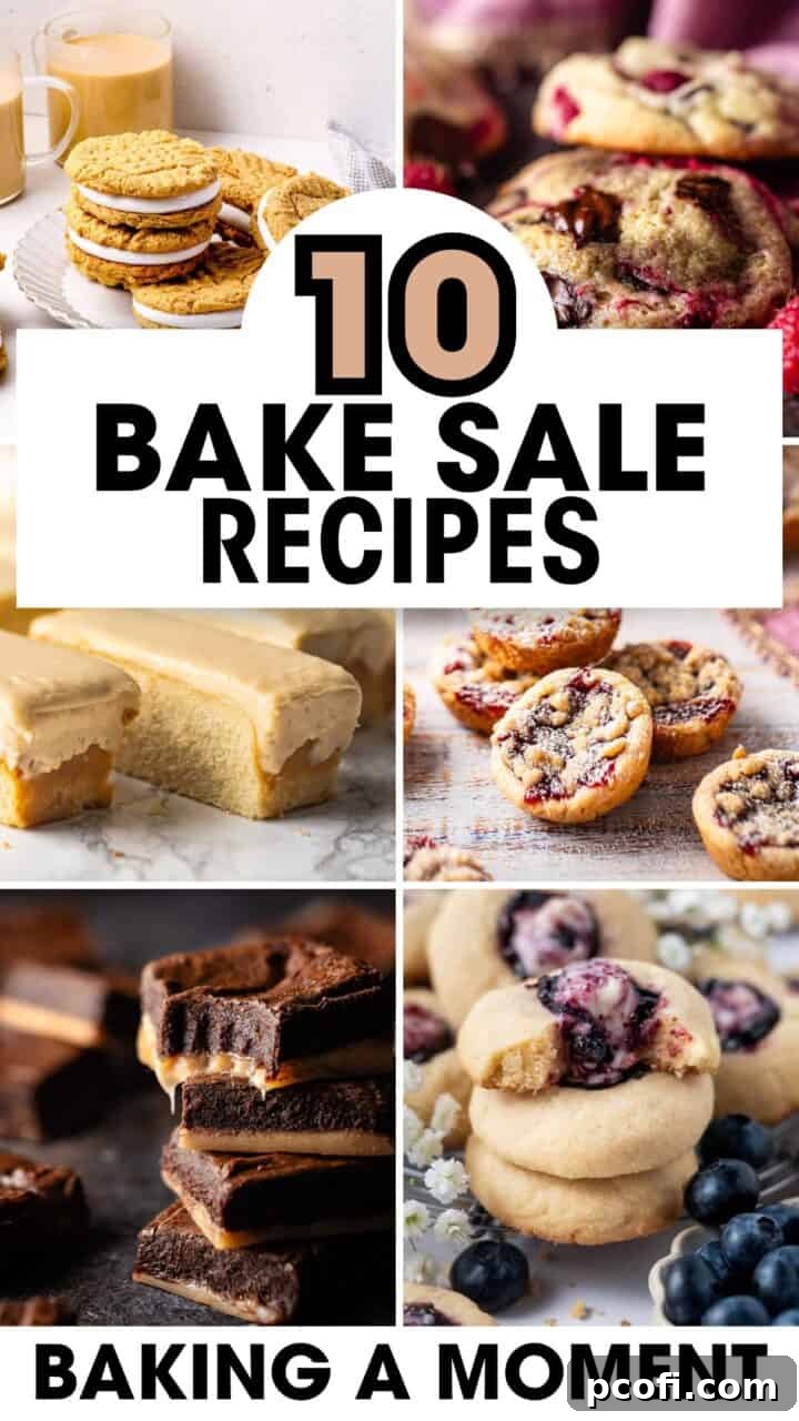 A vibrant photo collage showcasing various delectable bake sale treats like cookies, brownies, and cakes.