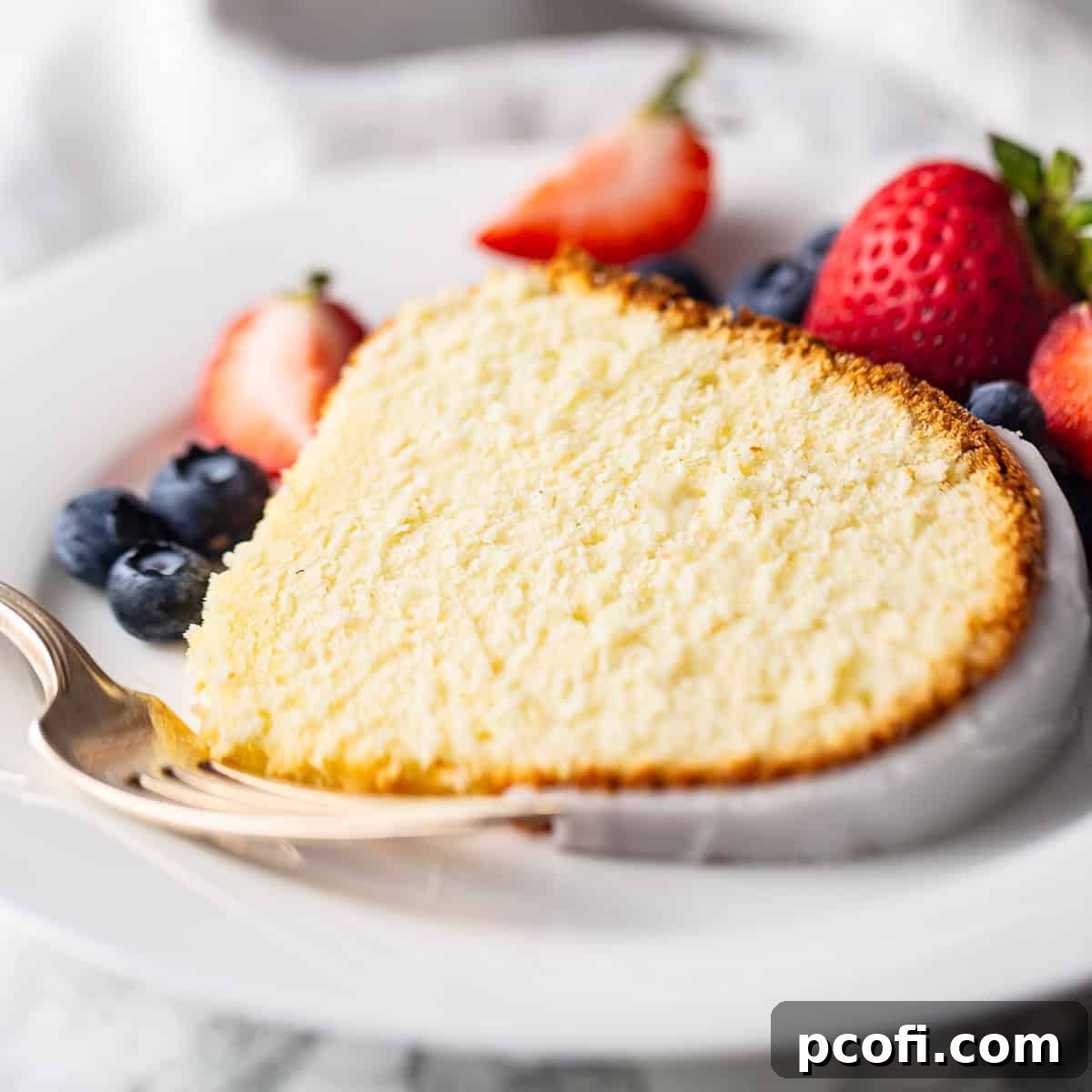 A slice of velvety cream cheese pound cake with fresh berries.