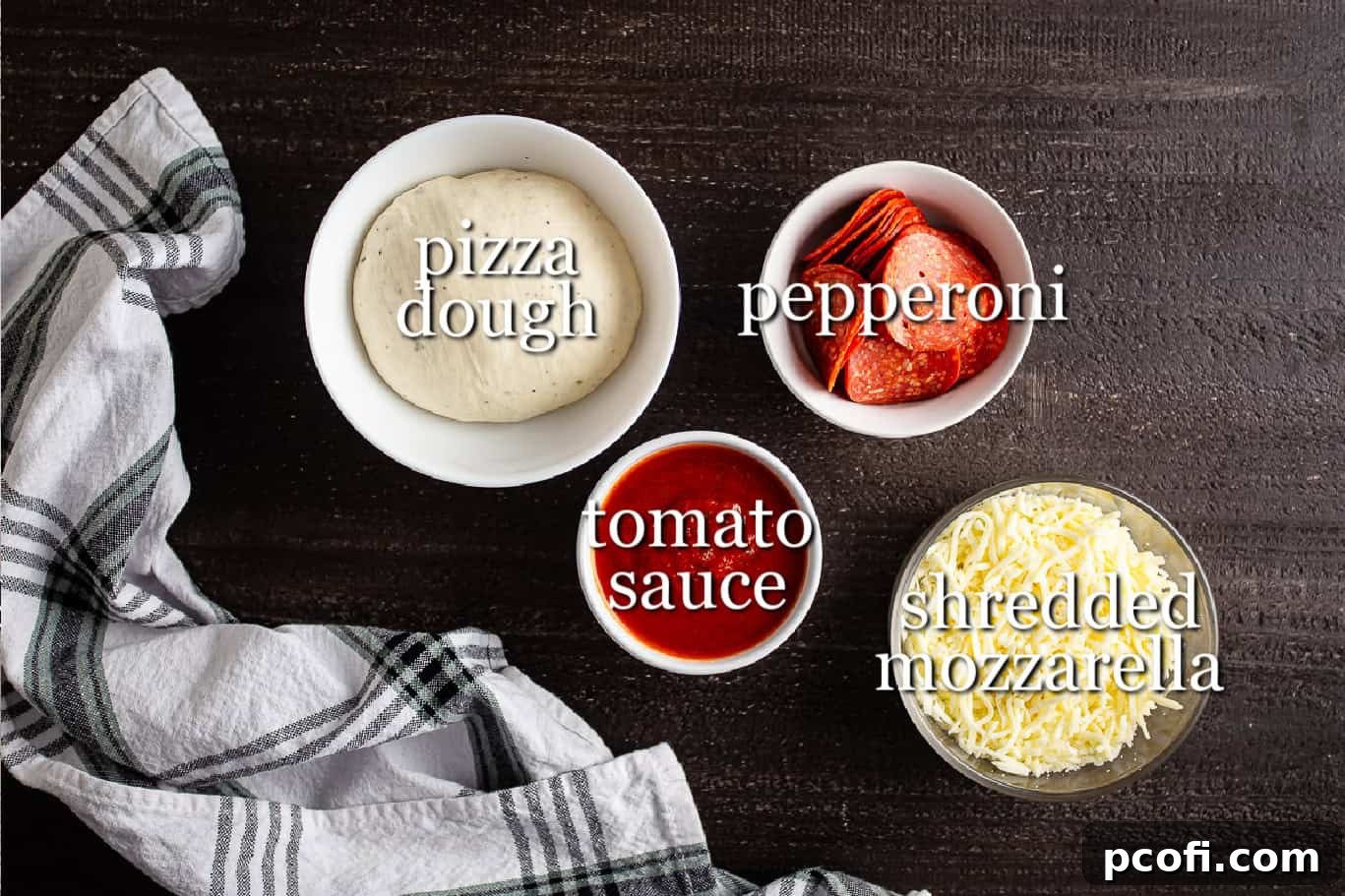 Ingredients for making pizza puffs, with text labels.