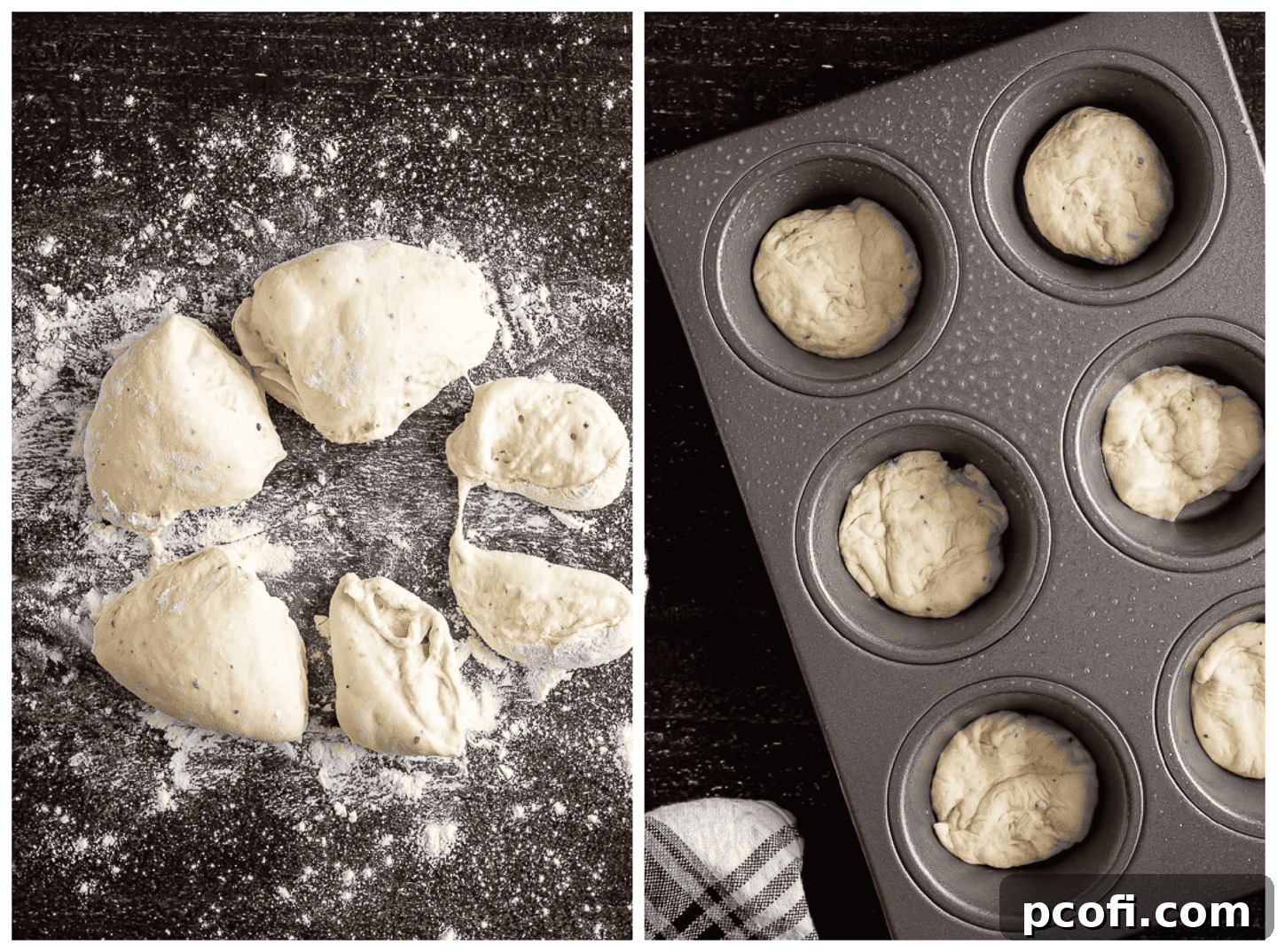 Dividing pizza dough and placing it in a muffin pan.