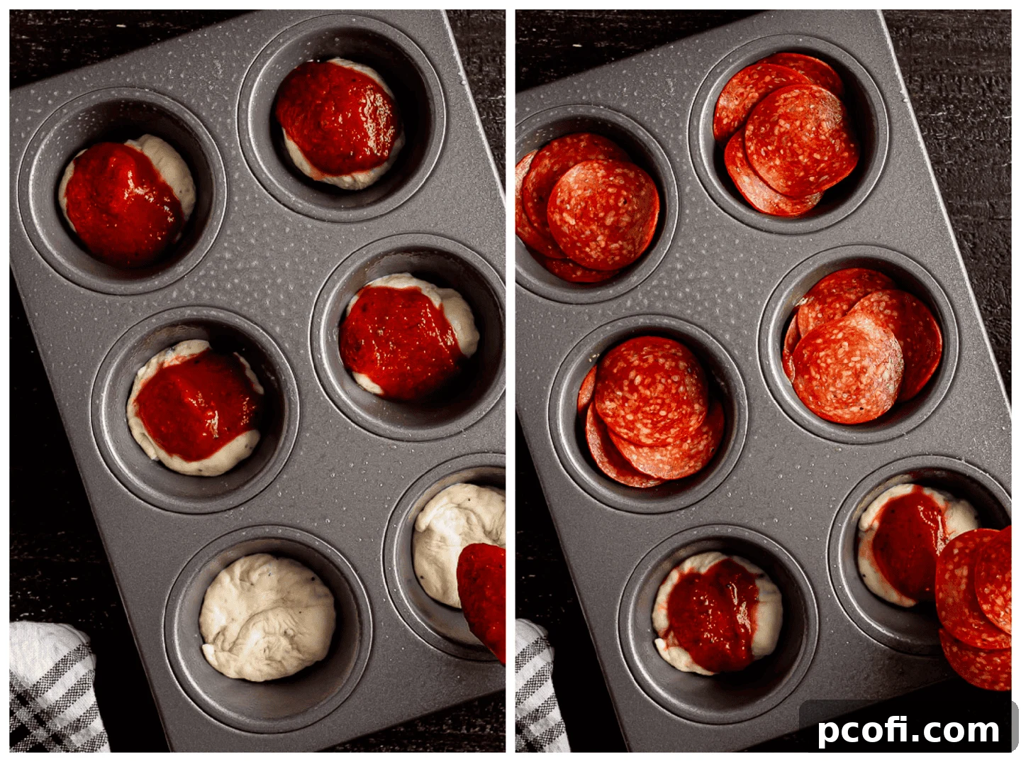 Spooning tomato sauce over dough and layering with sliced pepperoni.