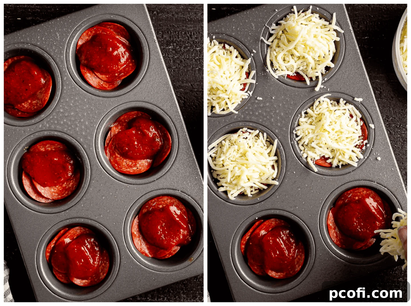 Adding extra tomato sauce and shredded mozzarella on top of homemade pizza puffs.