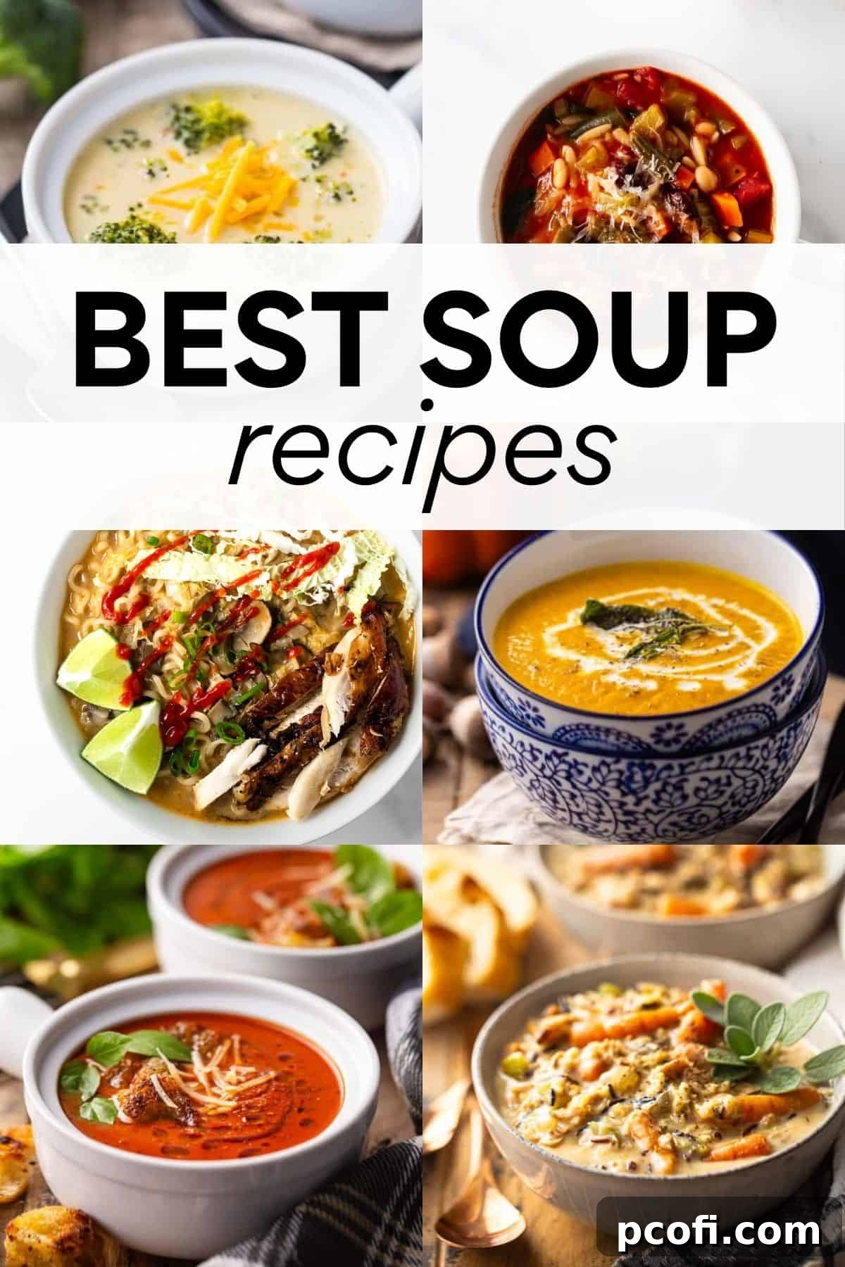 A collage featuring six inviting soup recipes, with overlay text "Best Soup Recipes" prominently displayed.