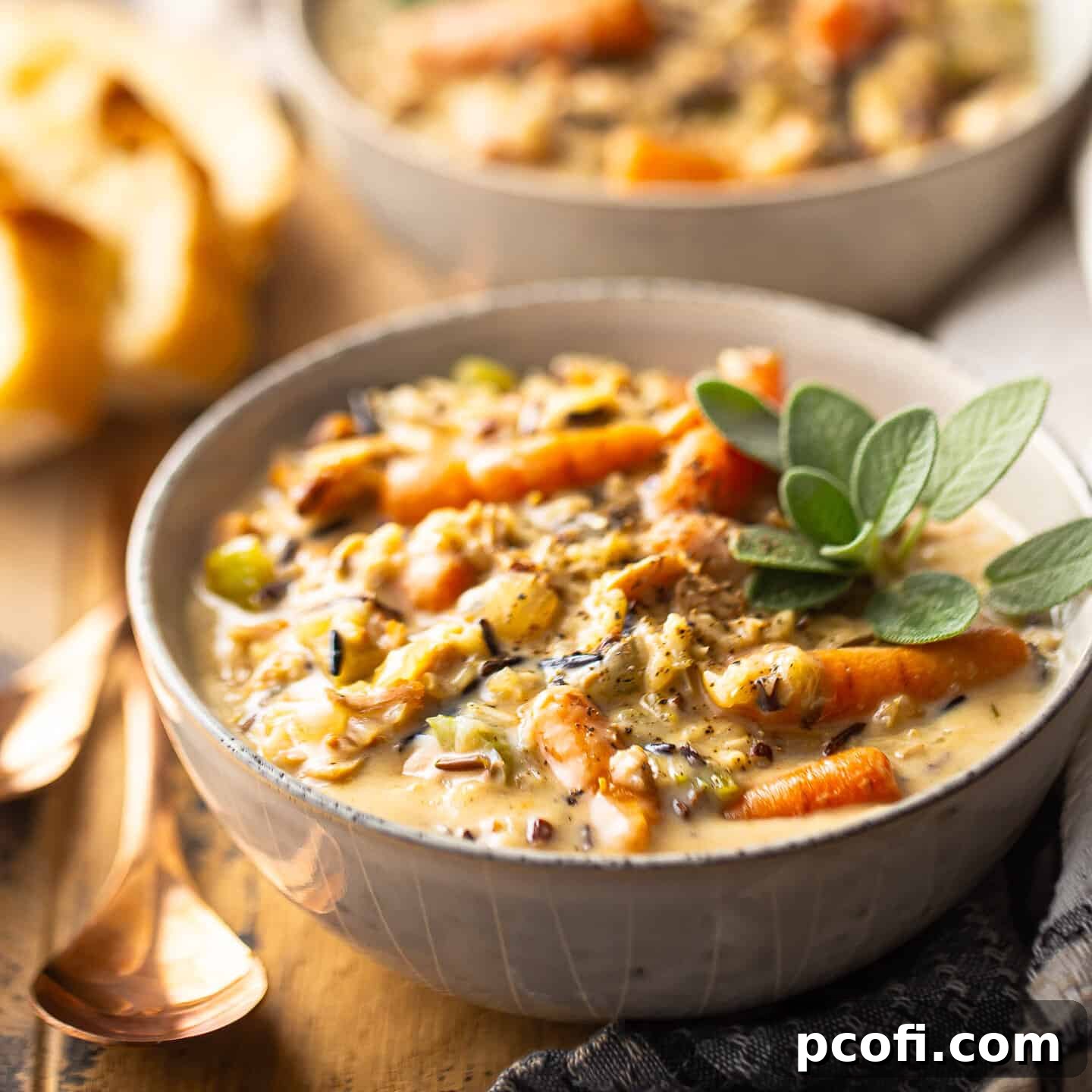Chicken and wild rice soup served in a stoneware bowl with fresh sage.