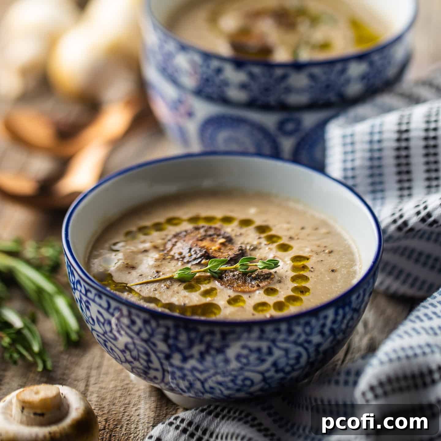 Cream of mushroom soup served in a blue and white bowl.