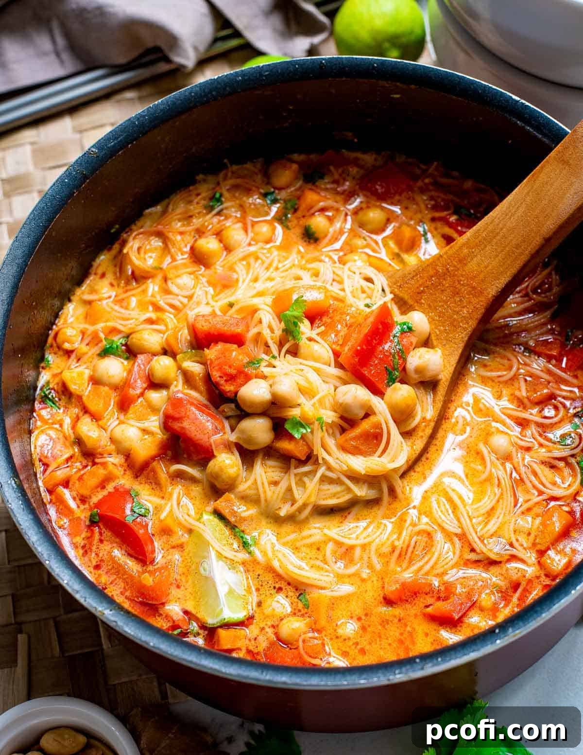 Spicy Thai Red Curry Soup with noodles and fresh vegetables.