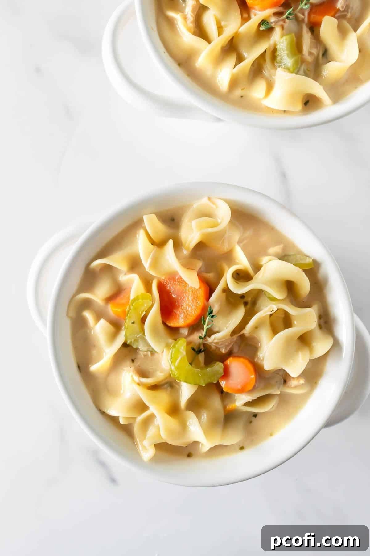 Creamy chicken noodle soup, served in an inviting white bowl with two convenient handles.