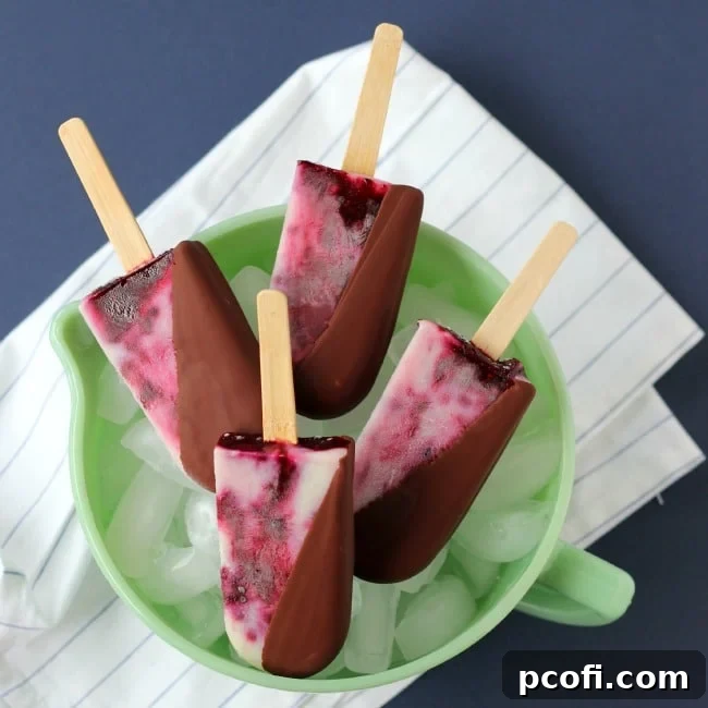 Irresistible chocolate-dipped blackberry buttermilk popsicles, featuring a vibrant swirl of fruit and creamy buttermilk, a perfect summer treat.