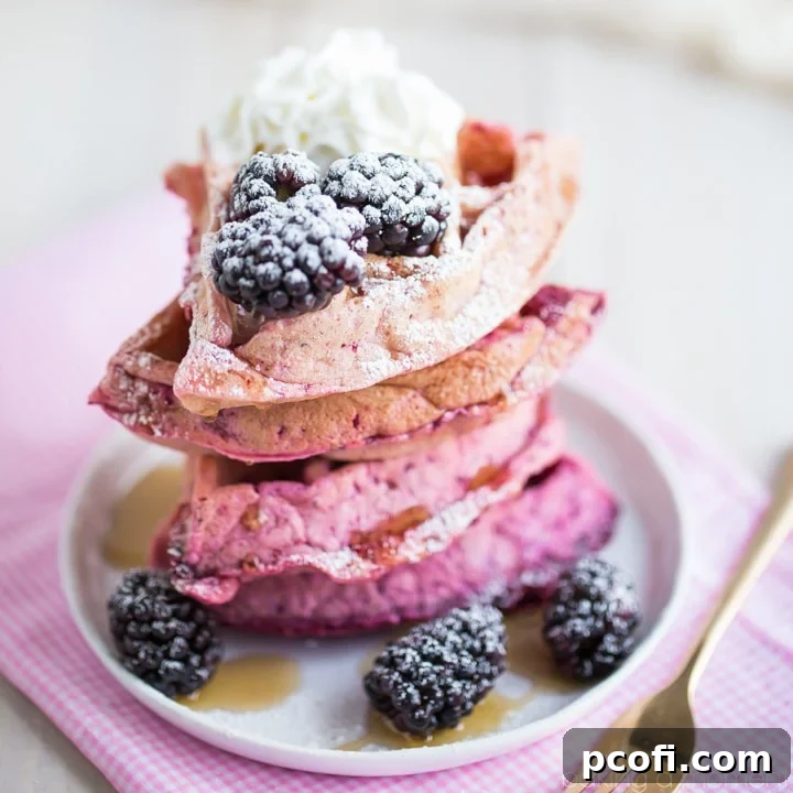 Visually stunning blackberry beet ombre waffles, layered with shades of pink, ideal for a festive Mother's Day brunch.