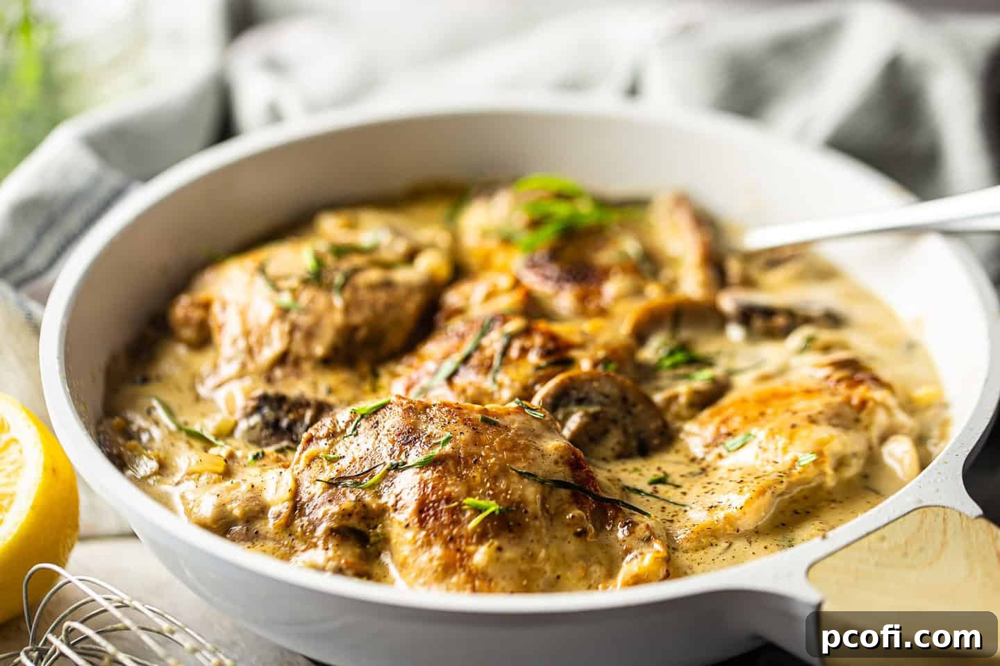 Dijon chicken recipe garnished with fresh tarragon leaves, showcasing the creamy sauce and tender chicken.
