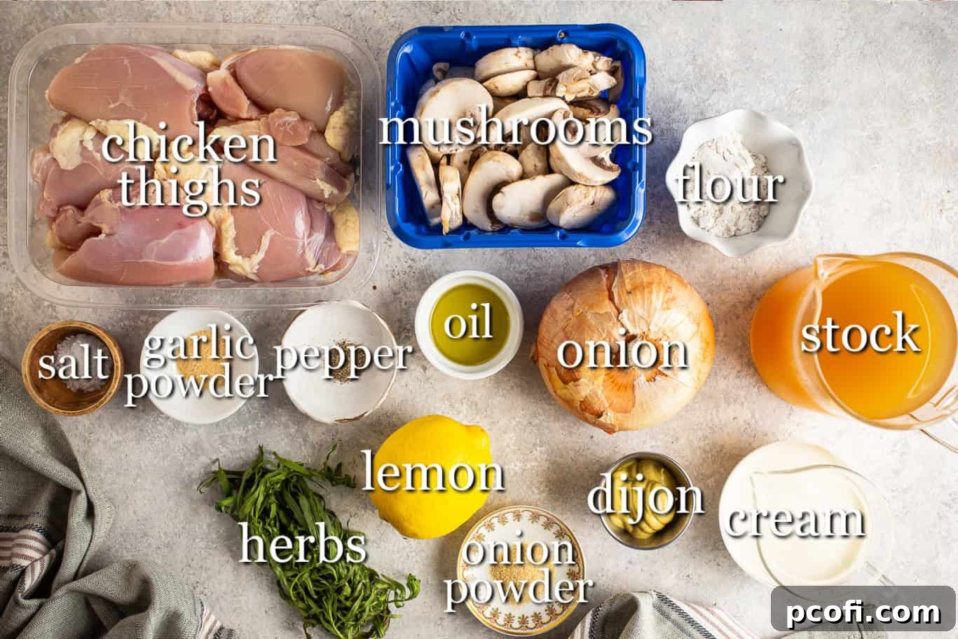 Ingredients for making chicken Dijon, with labels for each item.