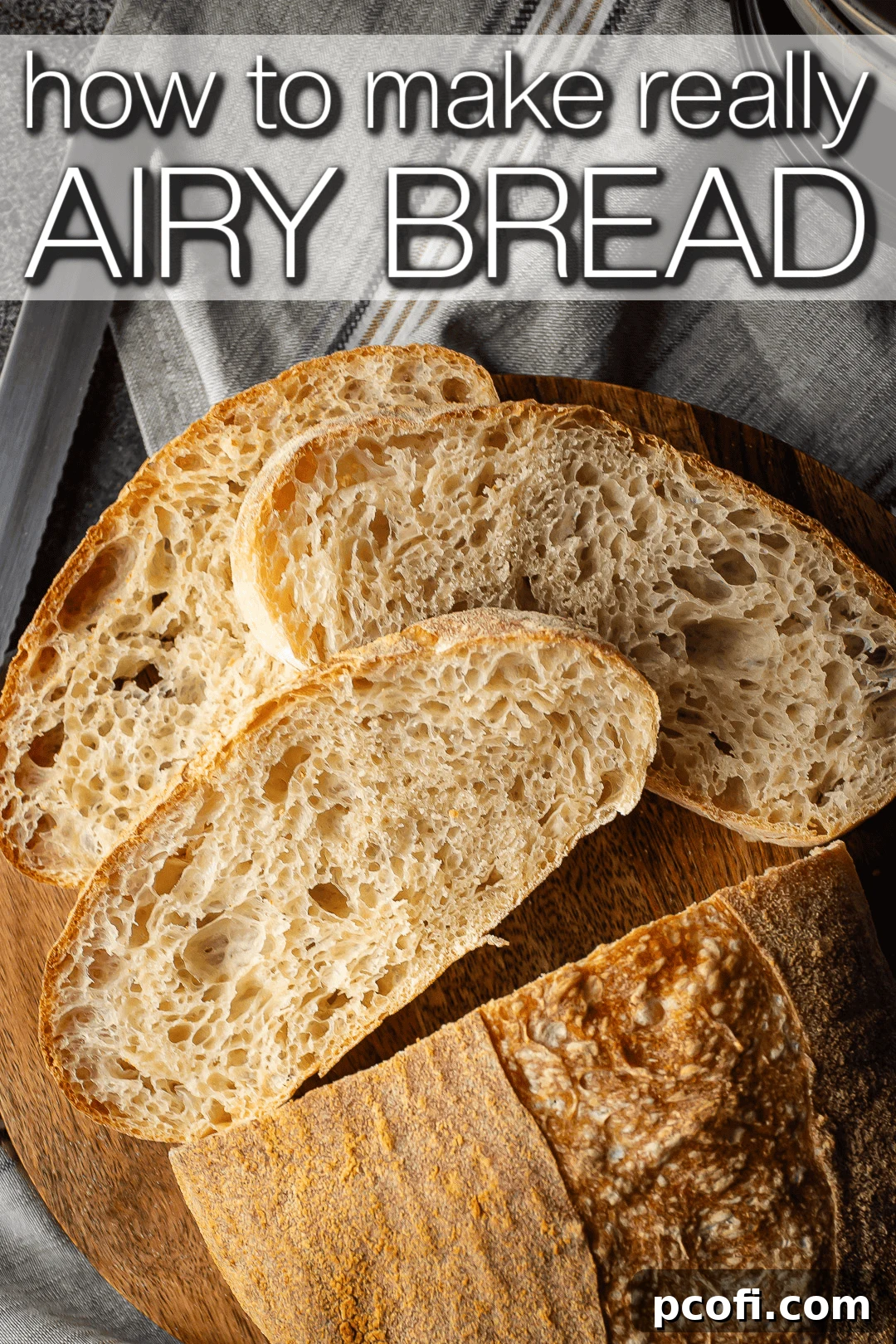 Close-up of slices of airy, bubbly pan de cristal bread, highlighting the large open crumb structure.