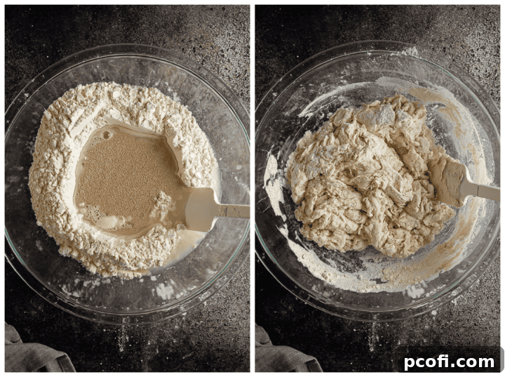 Mixing bread dough in a large glass bowl to form a shaggy, hydrated mass.