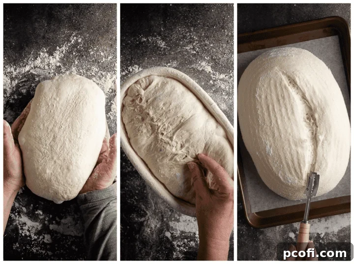 Image collage showing the pre-shaping, gentle handling, and slashing of an unbaked loaf of pan de cristal bread before baking.