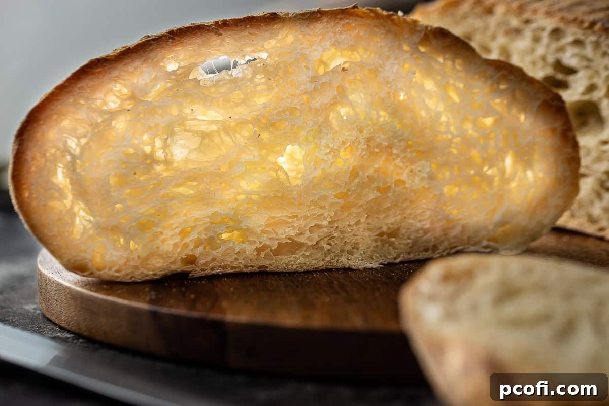 A backlit slice of pan de cristal bread showing its magnificent, airy pockets and translucent quality.