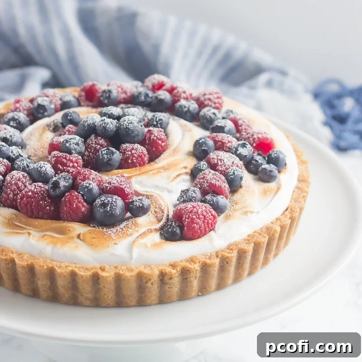 A stunning S'mores Berry Tart adorned with fresh summer berries, showcasing a golden crust, rich chocolate filling, and perfectly toasted meringue.