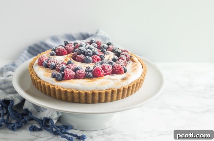 A close-up shot of the S'mores Berry Tart, emphasizing the fresh, vibrant berries nestled in the toasted marshmallow meringue.
