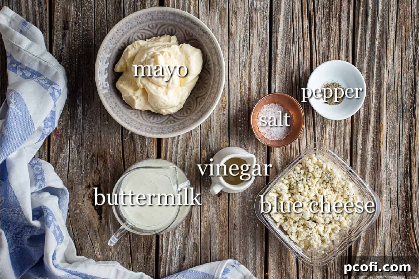 Ingredients for making homemade blue cheese dressing, with text labels.
